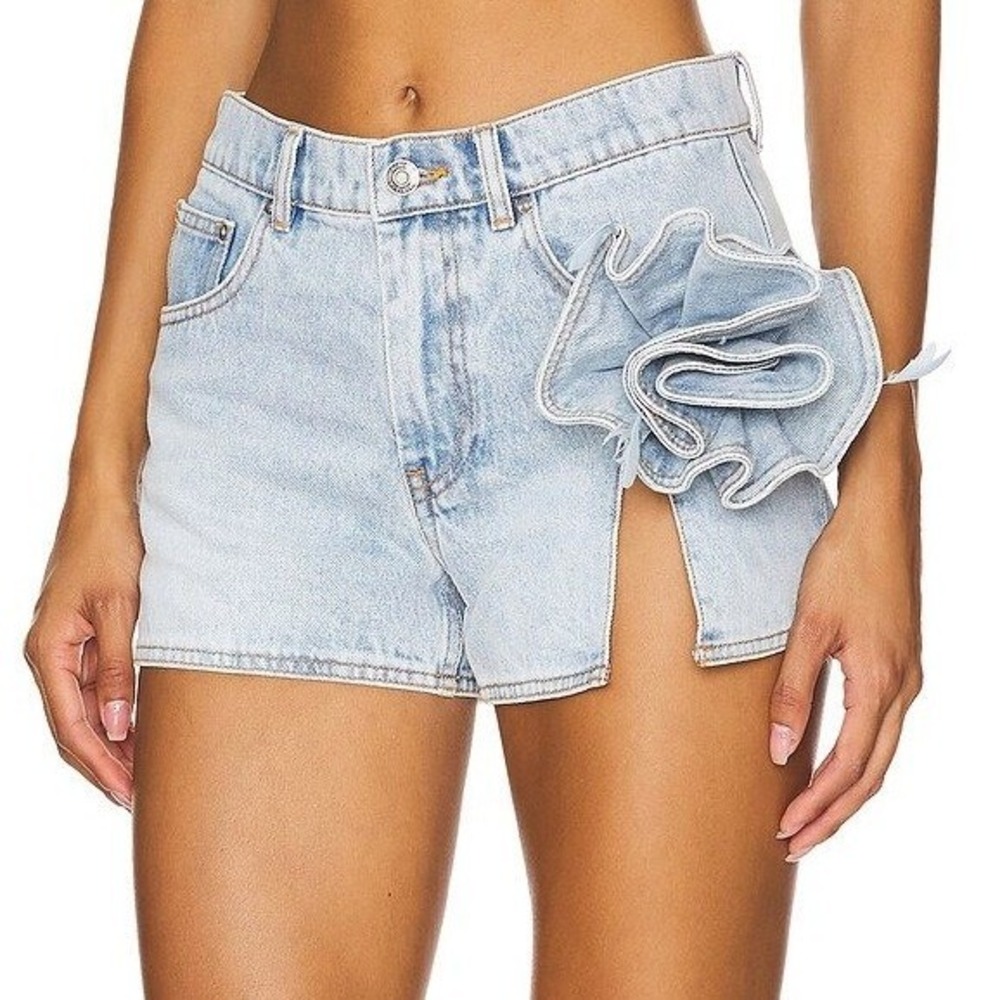 AREA Super Light Wash Flower Slit Denim Shorts Detachable Rosette NWT 28